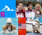 Podium zwemmen 400 meter wisselslag vrouwen, Shiwen gij (China), Elizabeth Beisel (Verenigde Staten) en Li Xuanxu (China) - Londen 2012