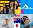 Zwemmen vrouwen 100 meter rugslag podium, Missy Franklin (Verenigde Staten), Emily Seebohm (Australië) en Aya Terakawa (Japan) - Londen 2012-