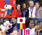 Podium vrouwelijke Judo - 57 kg, Kaori Matsumoto (Japan), Corina Căprioriu (Roemenië) en Marti Malloy (Verenigde Staten), Automne Pavia (Frankrijk) - Londen 2012-