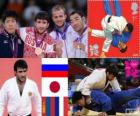 Judo mannen - 73 kg podium, Mansur Isajev (Rusland), Riki Nakaya (Japan), en Nyam-Ochir Sainjargal (Mongolië), Legrand Ugo (Frankrijk) - Londen 2012-