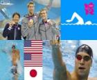 Matt Grevers, Nick Thoman (Verenigde Staten) en Ryosuke Irie (Japan) - Londen 2012 - zwemmen, mannen 100 meter rugslag podium