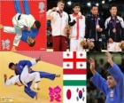 Podium Judo mannen - 66 kg, Lasja Shavdatuasvili (Georgia), Miklos Ungvari (Hongarije) en Masashi Ebinuma (Japan), Cho Jun-Ho (Zuid Korea) - Londen 2012-