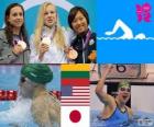 Zwemmen 100 m podium stijl vrouwen schoolslag, Rūta Meilutytė (Litouwen), Rebecca Soni (Verenigde Staten) en Satomi Suzuki (Japan) - Londen 2012-
