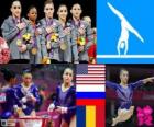 Podium artistieke gymnastiek eventing door vrouwelijke team, Verenigde Staten, Rusland en Roemenië - Londen 2012-