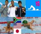Podium 200 m vlinderslag mannen, Tsjaad le Clos (Zuid-Afrika), Michael Phelps (Verenigde Staten), en Takeshi Matsuda (Japan) - Londen 2012 - zwemmen