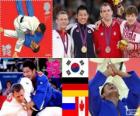 Podium mannen Judo - 81 kg, Kim Jae-Bum (Zuid-Korea), Ole Bischof (Duitsland) en Ivan Nifontov (Rusland), Antoine Valois-Fortier (Canada) - Londen 2012-