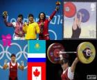 Vrouwen 63 kg Gewichtheffen podium, Maiya Maneza (Kazachstan), Svetlana Tsarukayeva (Rusland) en Christine Girard (Canada) - Londen 2012-