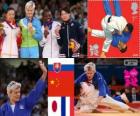 Podium Judo women's - 63 kg, Urška Žolnir (Slovenië), Xu Lili (China) en Gevrise Emane (Frankrijk), Yoshie Ueno (Japan) - Londen 2012-