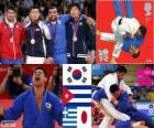 Podium Judo mannen - 90 kg, Asley González (Cuba), Masashi Nishiyama (Japan) - Londen 2012- en Ilias Iliadis (Griekenland), Song Dae-Nam (Zuid Korea)