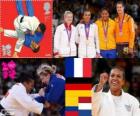 Podium vrouwelijke Judo - 70 kg, Lucie Decosse (Frankrijk), Kerstin Thiele (Duitsland) en Yuri Alvear (Colombia), Edith Bosch (Nederland) - Londen 2012-