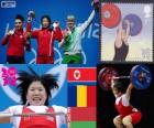 Mannen 69 kg Gewichtheffen podium, Rim Jong-Sim (Noord-Korea), Roxana Cocoş (Roemenië) en Maryna Shkermankova (Bilorrusia) - Londen 2012-
