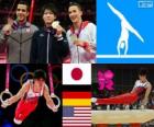 Turnen-Mannen artistieke individuele meerkamp podium, Kohei Uchimura (Japan), Marcel Nguyen (Duitsland) en Danell Leyva (Verenigde Staten) - Londen 2012-