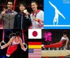 Turnen-Mannen artistieke individuele meerkamp podium, Kohei Uchimura (Japan), Marcel Nguyen (Duitsland) en Danell Leyva (Verenigde Staten) - Londen 2012-