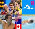 Zwemmen, mannen 100 meter vrije stijl podium, Nathan Adrian (Verenigde Staten), James Magnussen (Australië) en Brent Hayden (Canada) - Londen 2012-