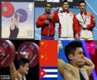 Podium Gewichtheffen Mannen 77 kg, Lu Xiaojun, Wu Jingbao (China) en Iván Rodríguez (Cuba) - Londen 2012 - wijzigen