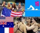 Podium zwemmen vrouwen 4 × 200 meter vrije stijl estafette, Verenigde Staten, Australië en Frankrijk
