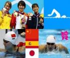 Vrouwen 200 m vlinderslag zwemmen podium, Jiao Liuyang (China), Mireia Belmonte (Spanje) en Lin Koshi (Japan) - Londen 2012-