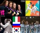 Vrouwen floret team schermen podium, Italië, Rusland en Zuid-Korea - Londen 2012-