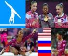 Artistieke gymnastiek vrouwen individuele individuele meerkamp podium, Gabrielle Douglas (Verenigde Staten), Viktoria Komova en Aliya Mustafina (Rusland) - Londen 2012-