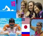 vrouwen 200 meter schoolslag podium, Rebecca Soni (Verenigde Staten), Satomi Suzuki (Japan), Joelia Jefimova (Rusland) - Londen 2012 - van zwemmen