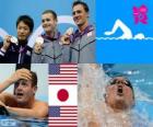 Zwemmen, mannen 200 meter rugslag podium, Tyler Clary (Verenigde Staten), Ryosuke Irie (Japan) en Ryan Lochte (Verenigde Staten) - Londen 2012-