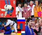 Podium Judo mannen - 100 kg, Tagir Khaibulaev (Rusland), Naidan Naidan (Mongolië) en Dimitri Peters (Duitsland), Henk Grol (Nederland) - Londen 2012-