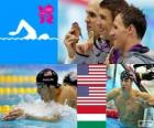 Zwemmen, mannen 200 meter individueel wisselslag, Michael Phelps, Ryan Lochte (Verenigde Staten) en László Cseh (Hongarije) - Londen 2012-