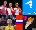 Podium gymnastiek in mannen Trampoline, Dong Dong (China), Dmitry Ushakov (Rusland) en Lu Chunlong (China) - Londen 2012 -