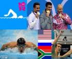 100 M stijl mannen Butterfly podium, Michael Phelps (Verenigde Staten), Evgeni Korotysjkin (Rusland), Tsjaad le Clos (Zuid-Afrika) - Londen 2012 - zwemmen