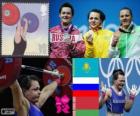 Подиум женщин 75 кг по тяжелой атлетике, Светлана Подобедова (Казахстан), Наталья Заболотная (Россия) и Ирина Кулеша (Беларусь) - Лондон 2012-