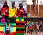 Podium vrouwelijke Atletiek 10.000 m, Tirunesh Dibaba (Ethiopië), Sally Kipyego en Vivian Cheruiyot (Kenia) - Londen 2012-