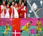 Badminton gemengddubbel podium, Zhang Nan en Zhao Yunlei (China), Xu Chen, Ma Jin (China) en Joachim Fischer/Christinna Pedersen (Denemarken) - Londen 2012 -