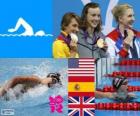 Podium zwemmen 800 m stijl gratis vrouwen, Katie Ledecky (Verenigde Staten), Mireia Belmonte (Spanje) en Rebecca Adlington (Verenigd Koninkrijk) - Londen 2012-