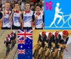Podium fietsen track uitoefening door mannen 4000m teams, Verenigd Koninkrijk, Australië en Nieuw-Zeeland - Londen 2012-