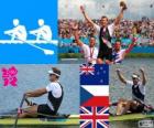 Podium roeien mannen skiff, Mahe Drysdale (Nieuw-Zeeland), Ondřej Synek (Tsjechië) en Alan Campbell (Verenigd Koninkrijk) - Londen 2012-