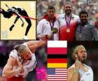 Atletiek-Mannen kogelstoten podium, Tomasz Majewski (Polen), David Storl (Duitsland) en Reese Hoffa (Verenigde Staten) - Londen 2012-