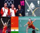 Women's singles Badminton podium, Li Xuerui (China), Wang Yihan (China) en Saina Nehwal (India) - Londen 2012-
