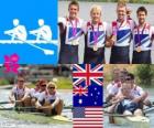 Podium roeien mannen vier-zonder-vier, Verenigd Koninkrijk, Australië en Verenigde Staten - Londen 2012-