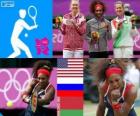 Women's singles tennis podium, Serena Williams (Verenigde Staten), Maria Sharapova (Rusland) en Victoria Azarenka (Wit-Rusland) - Londen 2012-