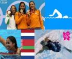 Podium zwembad 50 m vrouwen vrije stijl, Marleen Veldhuis, Ranomi Kromowidjojo (Nederland) en Aliaxandra Herasimenia (Wit-Rusland) (Nederland) - Londen 2012-