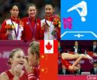 Podium gymnastiek in vrouwen trampoline, Rosannagh, Maclennan (Canada), Huang Shanshan en hij Wenna (China) - Londen 2012-