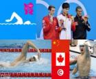 Podium zwemmen mannen 1500 meter vrije slag, Sun Yang (China), Ryan Cochrane (Canada) en Oussama Mellouli (Tunesië) - Londen 2012-