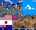 Zwemmen, mannen 4 × 100 meter wisselslag, Verenigde Staten, Japan en Australië - Londen 2012 - podium