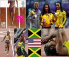 Podium Atletiek 100 m vrouwen, Shelly-Ann Fraser-Pryce (Jamaica), Carmelita Jeter (Verenigde Staten) en Veronica Campbell-Brown (Jamaica), Londen 2012