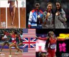 Atletiek Vrouwen 400 m podium, Sanya Richards-Ross (Verenigde Staten), Christine Ohurougu (Verenigd Koninkrijk) en DeeDee Trotter (Verenigde Staten), Londen 2012