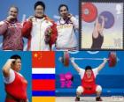Podium Gewichtheffen meer dan 75 kg vrouwen, Zhou Lulu (China), Tatiana Kashirina (Rusland) en Hripsime Jurshudian (Armenië), Londen 2012