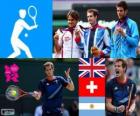 Tennis mannen enkelspel podium, Andy Murray (Verenigd Koninkrijk), (Zwitserland): Roger Federer en Juan Martin del Potro (Argentinië), Londen 2012