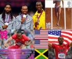 Podium Atletiek Mannen 110 meter horden, Aries Merritt, Jason Richardson (Verenigde Staten) en Hansle Parchment (Jamaica), Londen 2012