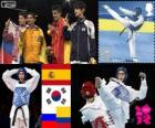Podium Taekwondo - 58 kg mannen, Joel Bonilla Gonzalez (Spanje), Lee Dae-Hoon (Zuid-Korea), Alexei Denisenko (Rusland) en Oscar Muñoz Oviedo (Colombia), Londen 2012