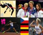 Vrouwen speerwerpen gooien Atletiek podium, Barbora Špotáková (Tsjechië), Christina Obergfoll en Linda Stahl (Duitsland), Londen 2012